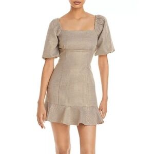 AQUA Puff Sleeve Checked Womens Mini Dress Medium Plaid‎ Square Neck Ruffle Hem